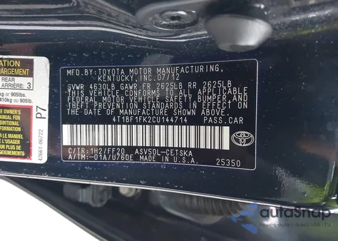 2012 Toyota Camry Se z USA, uszkodzony, nr VIN 4T1BF1FK2CU144714